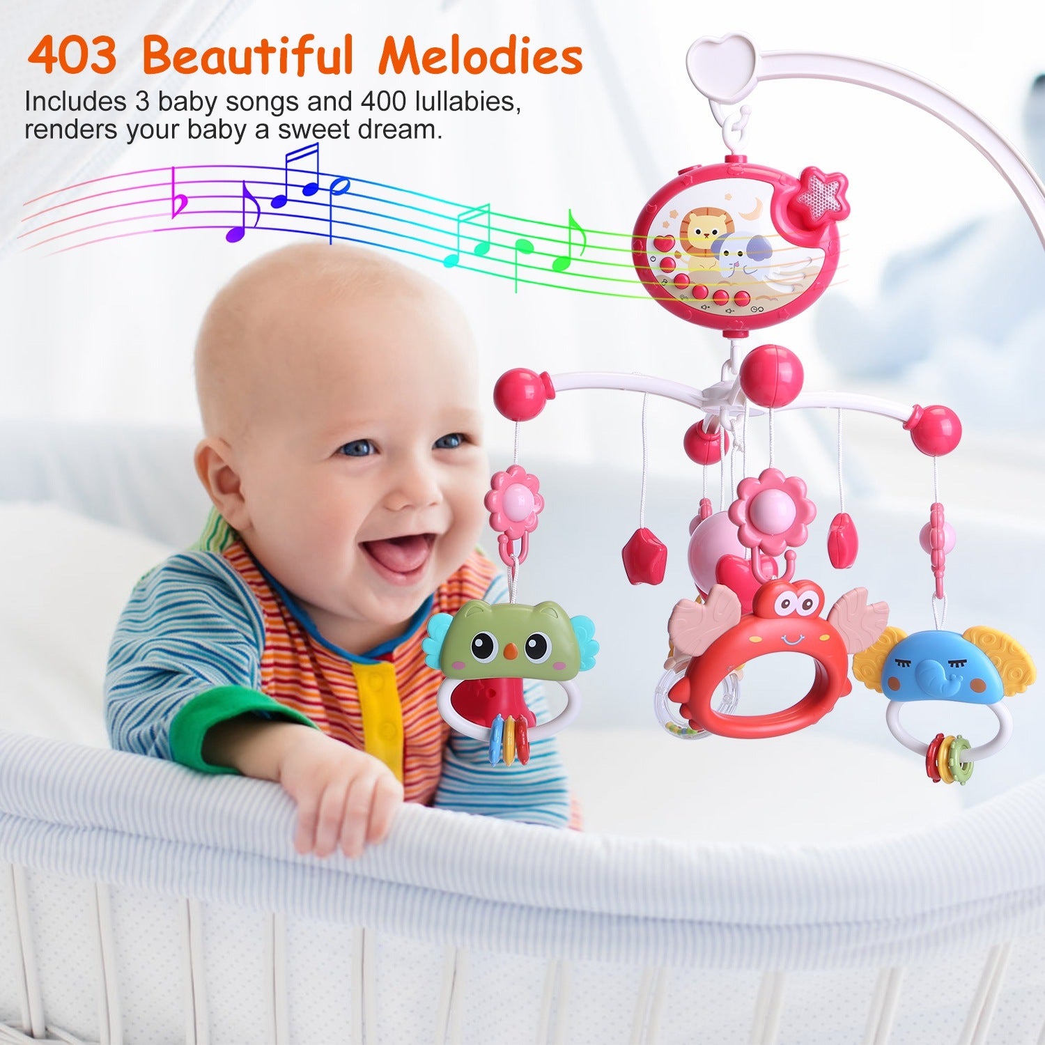 Baby Musical Crib Bed Bell Rotating Mobile Star Projection Nursery Light Baby Rattle Toy with Music Box Remote Control - Mountain Lakes Mall