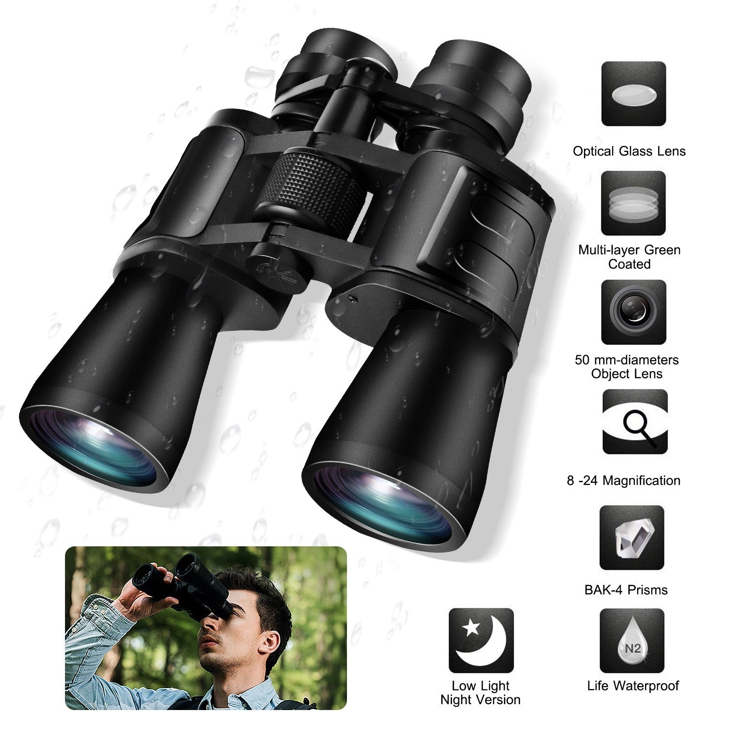 Portable Zoom Binoculars with FMC Lens Low Light Night Vision for Bird Watching Hunting Sports - Mountain Lakes Mall