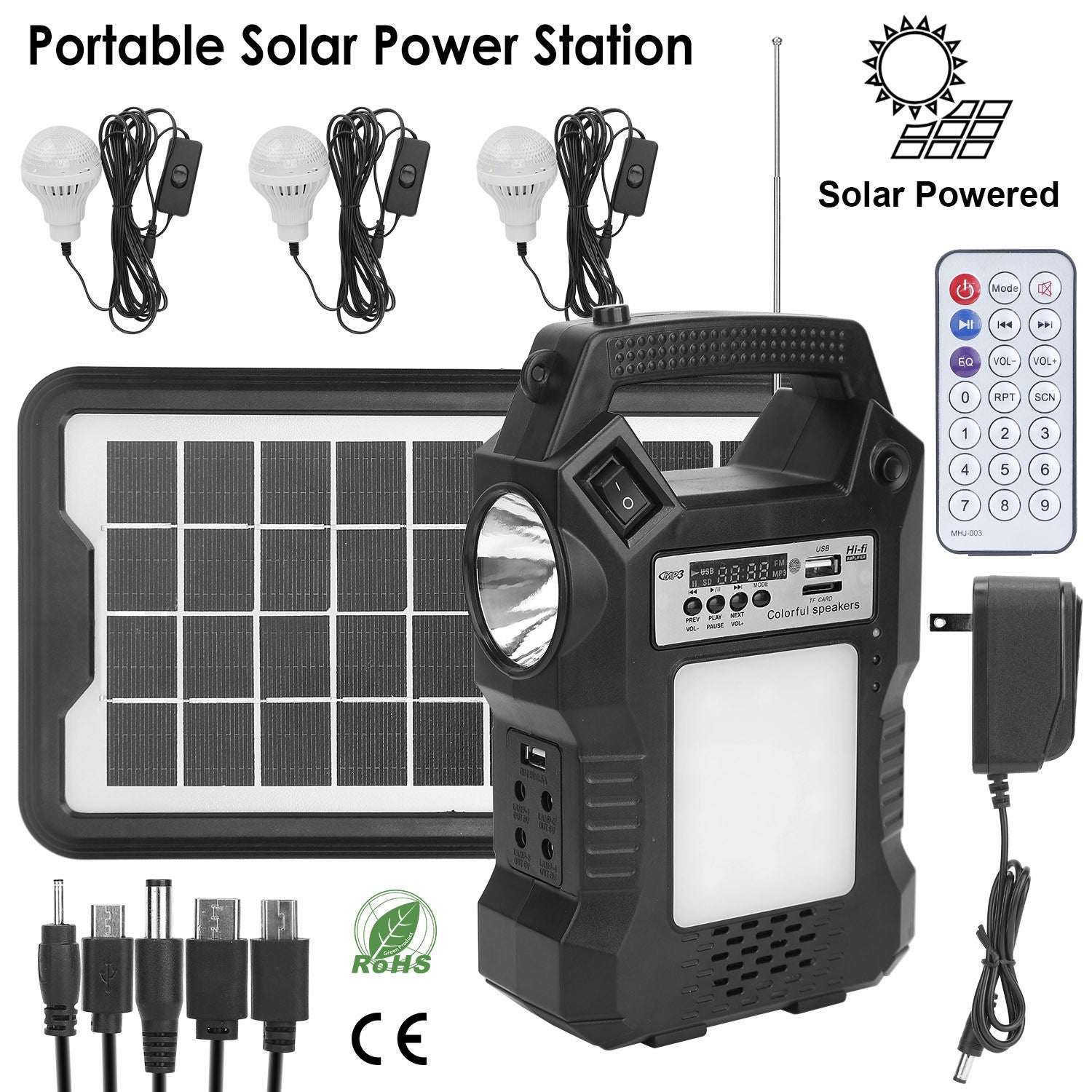 Portable Solar Power Station Rechargeable Backup Power Bank w/Flashlight 3 Lighting Bulbs For Camping Outage Garden Lamp - Mountain Lakes Mall