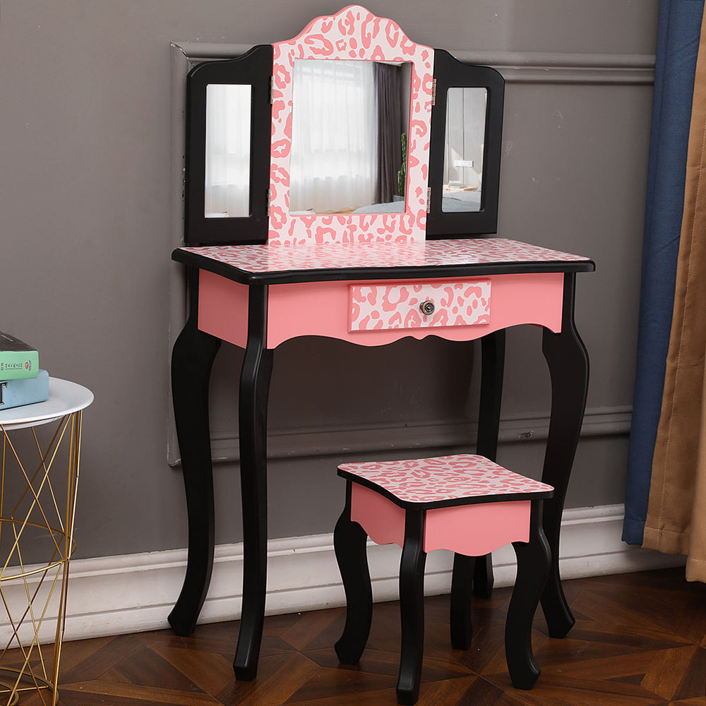 Kids Gisele Leopard Print Wooden Vanity Set with Tri-Fold Mirror Table and Chair, Pink/Black, - Mountain Lakes Mall