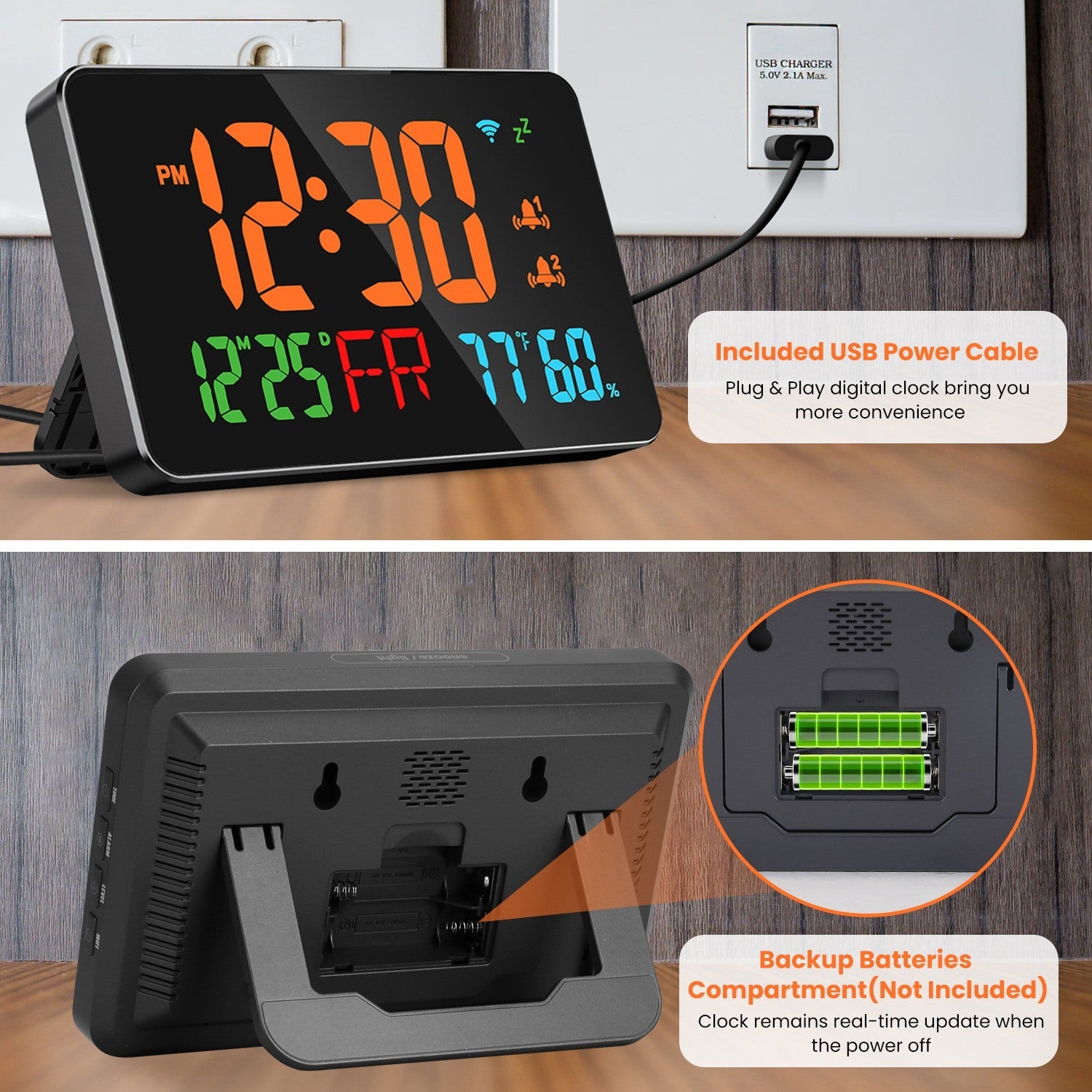 WiFi Auto Set Alarm Clock LED Digital Clock With 2 Alarm Setting Snooze 4 Brightness Levels Auto Light Sensing Temperature Humidify Monitor App Control - Mountain Lakes Mall