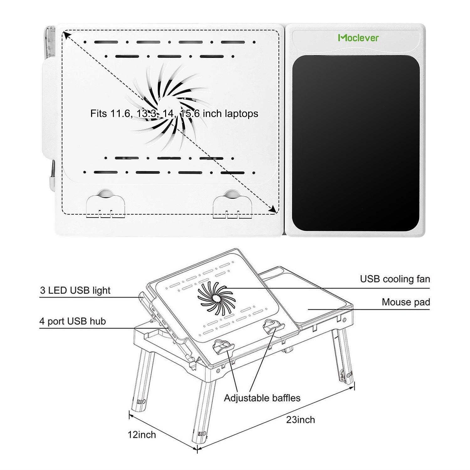 Foldable Laptop Table Bed Notebook Desk with Cooling Fan Mouse Board LED light 4 xUSB Ports Breakfast Snacking Tray - Mountain Lakes Mall