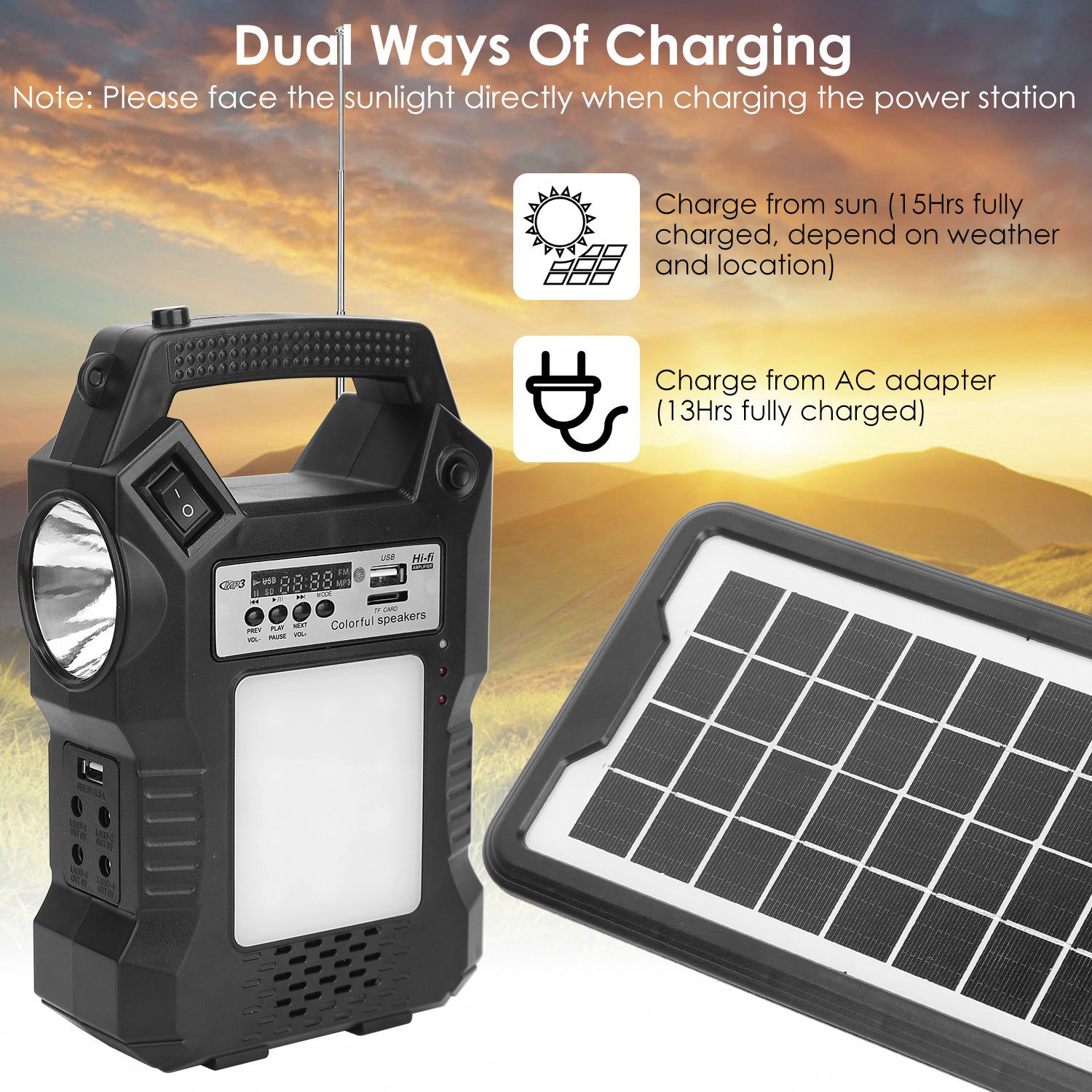 Portable Solar Power Station Rechargeable Backup Power Bank w/Flashlight 3 Lighting Bulbs For Camping Outage Garden Lamp - Mountain Lakes Mall