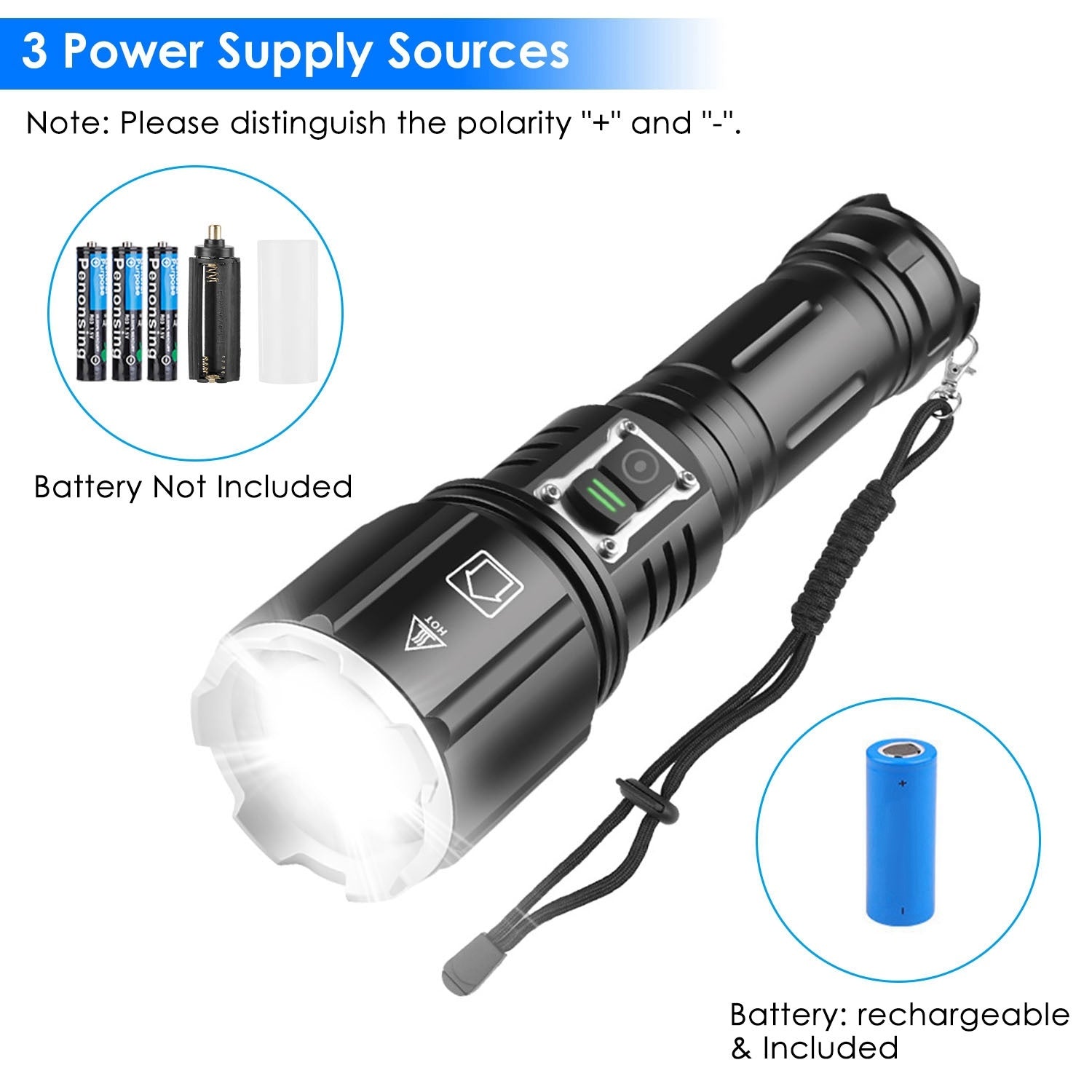 Super Bright LED Flashlight Waterproof Rechargeable Zoomable Tactical Torch Light Emergency Power Bank Support 3 Battery Types - Mountain Lakes Mall