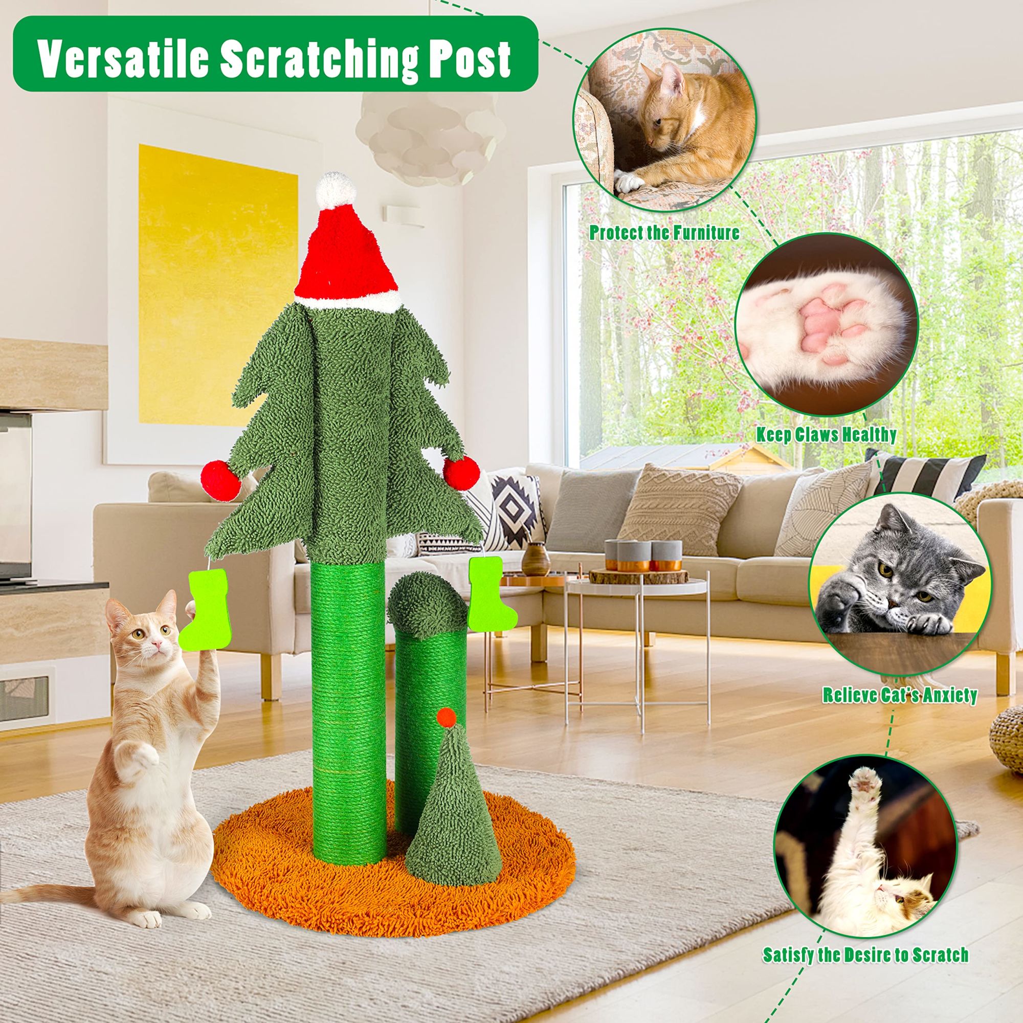 32'' Cat Scratching Post, Tall Christmas Tree Cat Scratcher with 3 Posts and Cute Dangling Teaser Balls, Natural Sisal Rope Cat Toys for Kitty and Adult Cats - Mountain Lakes Mall