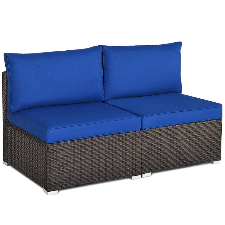 2 Pieces Patio Rattan Armless Sofa Set with 2 Cushions and 2 Pillows - Mountain Lakes Mall