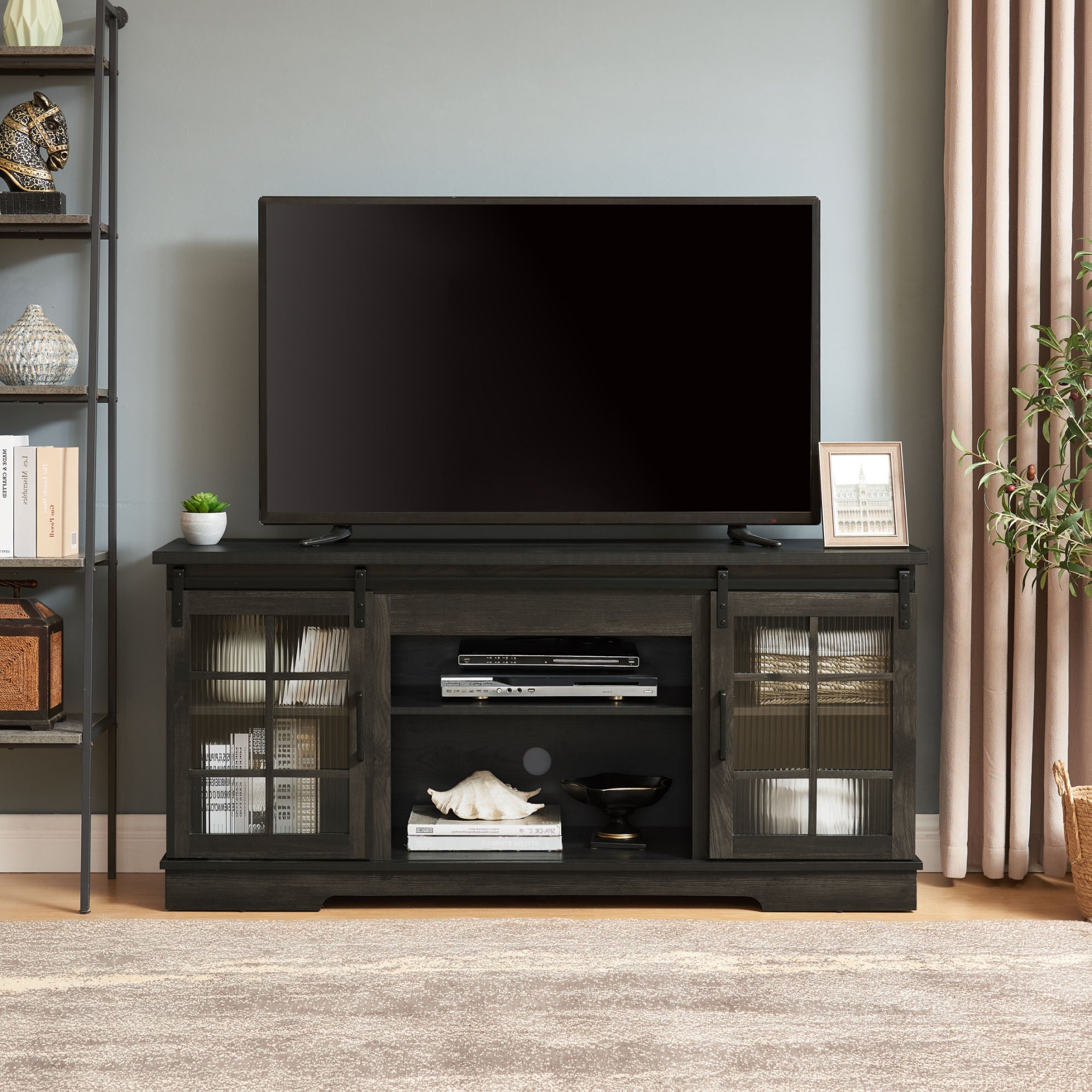 Multipurpose Sliding Door TV Stand Large Storage Cabinet with 2 Sliding Fluted Glass Tempered Doors, TV Up to 65'', TV Desk Storage Rack, Charcoal GREY, 59.13"W*15.94"D*27.8"H - Mountain Lakes Mall