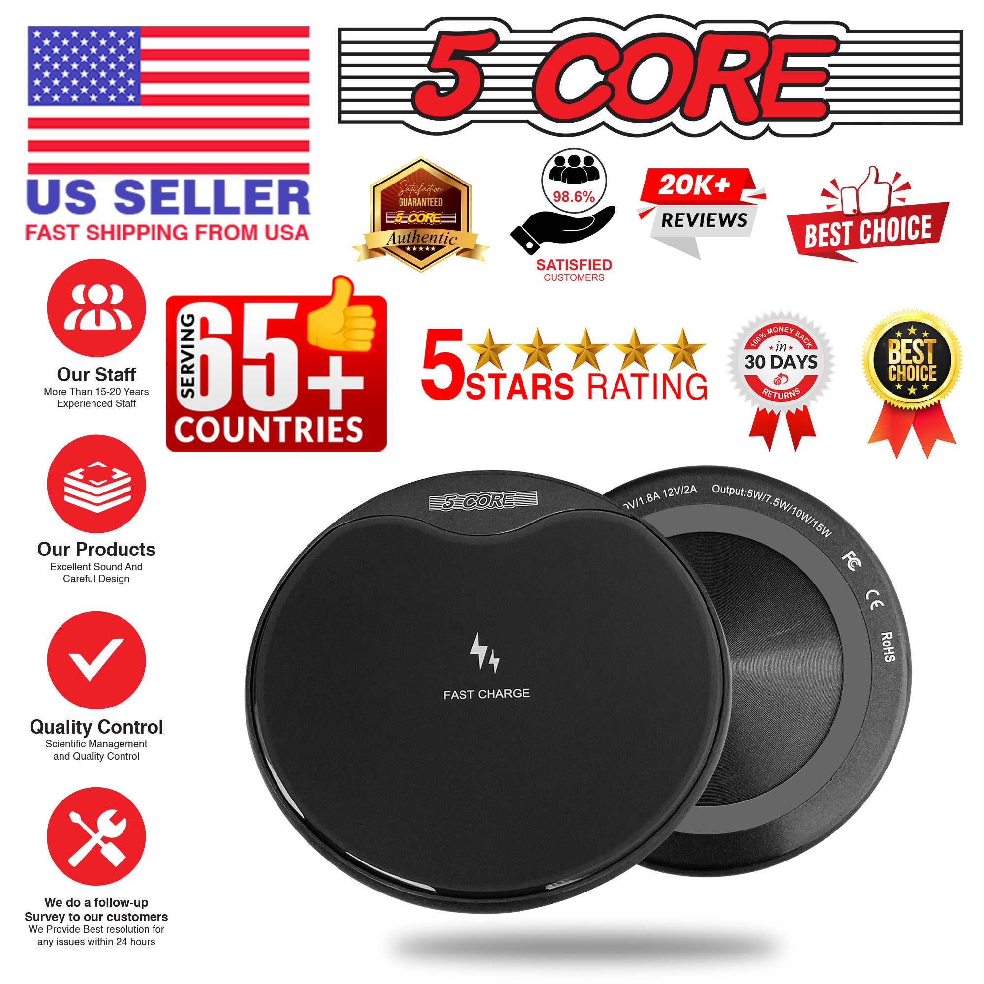 5 Core Wireless Charger, 15W Qi-Certified Max Fast Wireless Charging - Mountain Lakes Mall