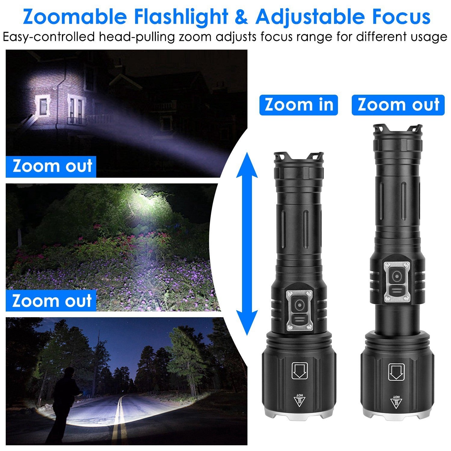 Super Bright LED Flashlight Waterproof Rechargeable Zoomable Tactical Torch Light Emergency Power Bank Support 3 Battery Types - Mountain Lakes Mall