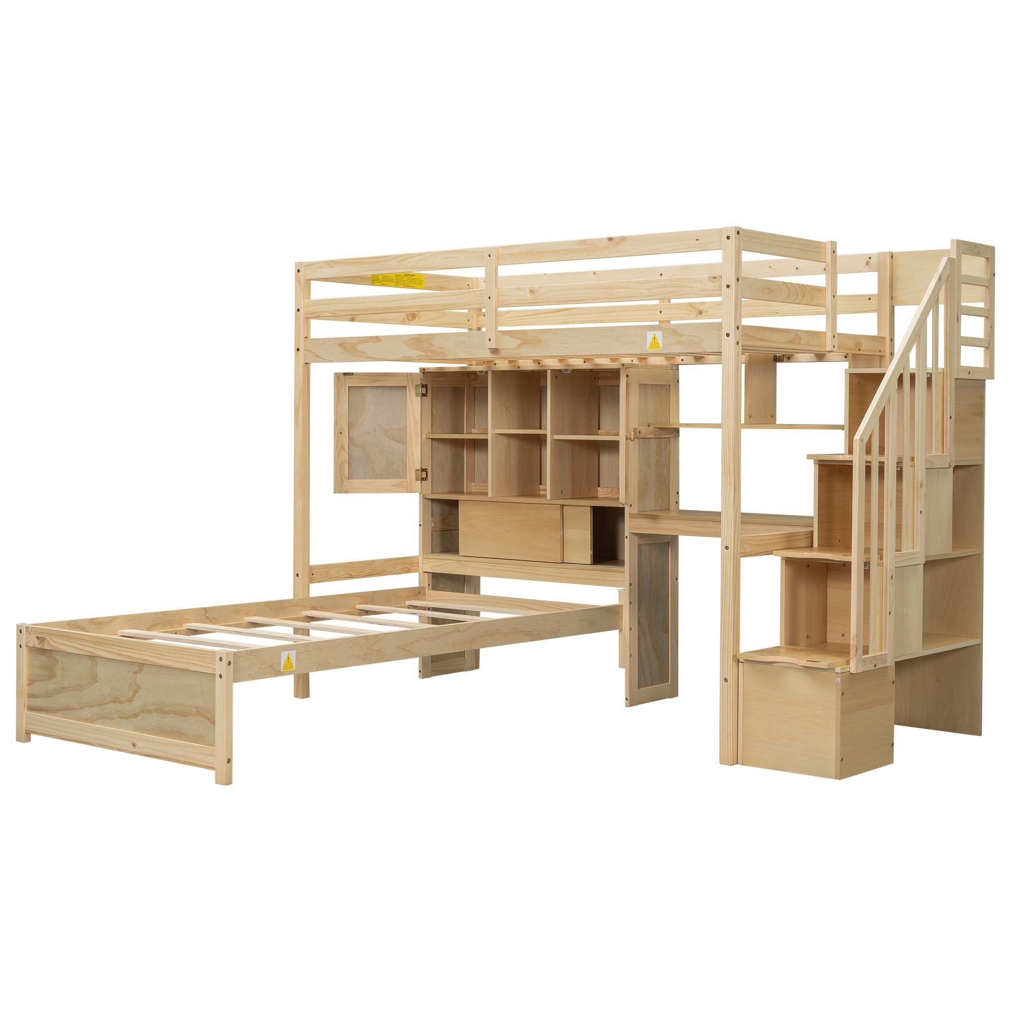 Twin over Twin Loft Bed with Built-in Desk and Staircase, With Storage Compartments and Shelves, Natural