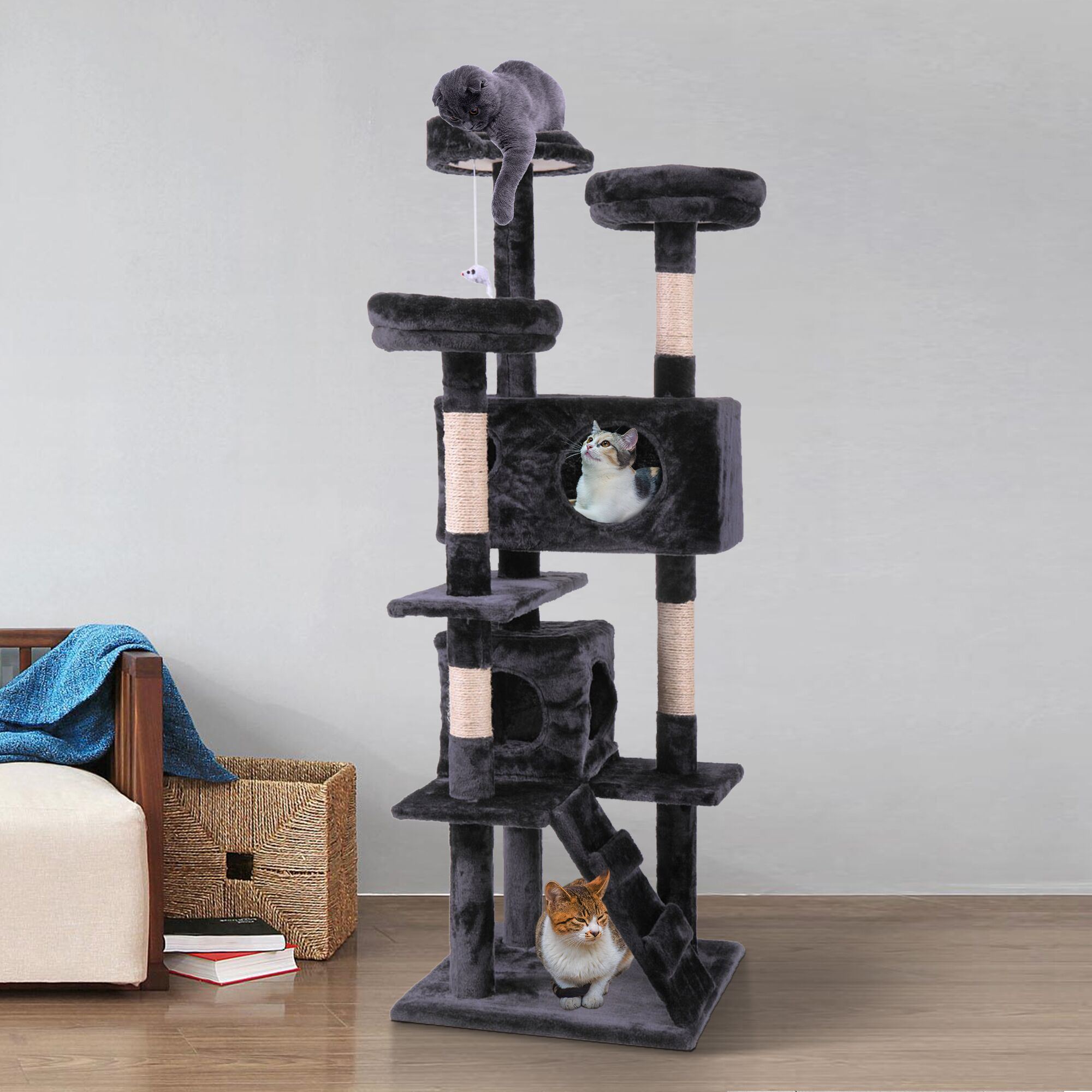 Cat Tree Cat Tower with Scratching Ball, Plush Cushion, Ladder and Condos for Indoor Cats, Gray XH - Mountain Lakes Mall