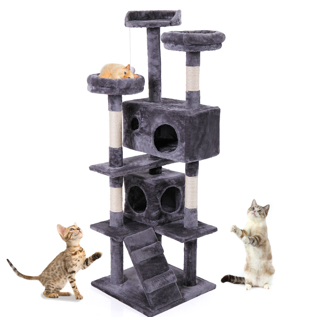 Cat Tree Cat Tower with Scratching Ball, Plush Cushion, Ladder and Condos for Indoor Cats, Gray XH - Mountain Lakes Mall