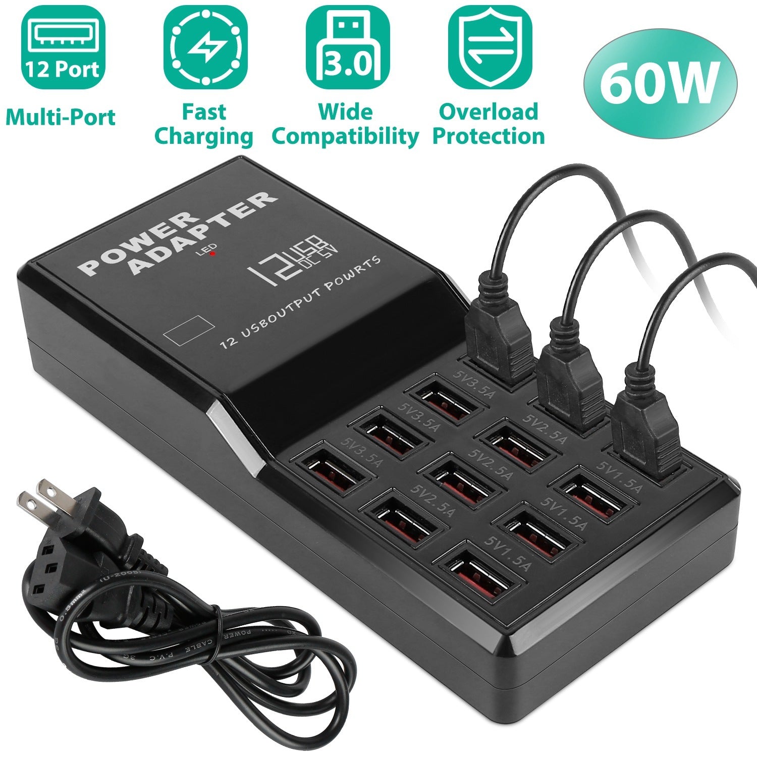 Multi 12 Port USB Charging Station Hub 60W Desktop USB Hub Multiple USB Charger Fast Charge - Mountain Lakes Mall