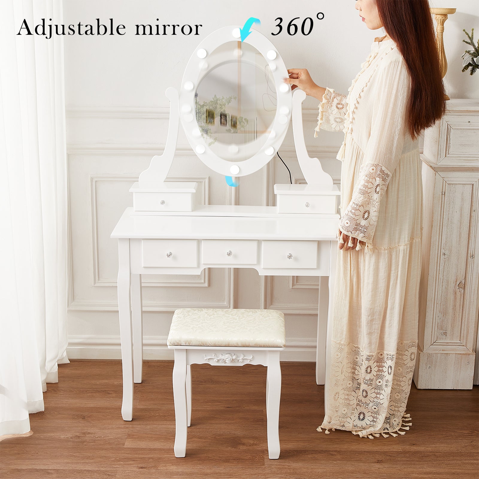 White Vanity Desk with Lights,Makeup Vanity with Lights,Vintage Vanity Dresser with Lights,Dressing Table,Vanity Set with Mirror and Stool,Vanity and Desk Combo,Tocador De Maquillaje para Mujer - Mountain Lakes Mall