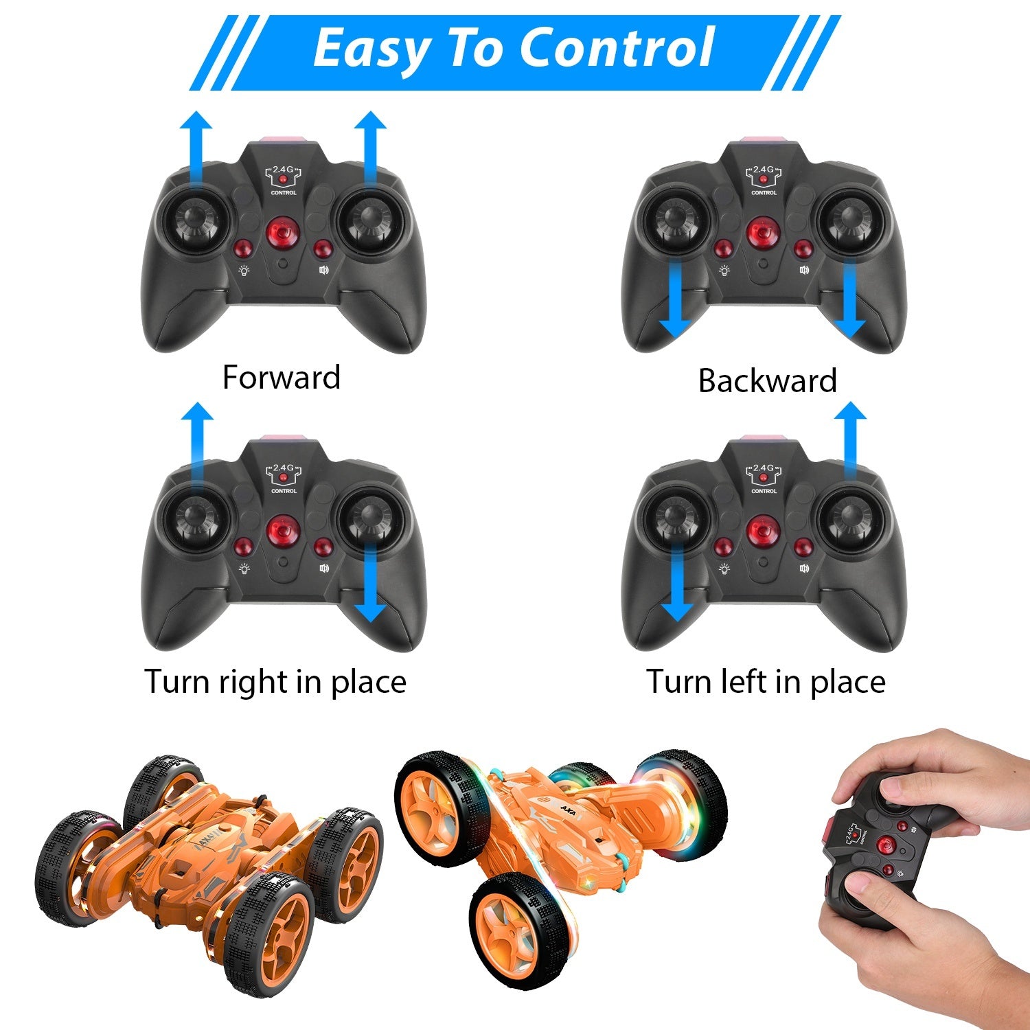 Kid Driving RC Stunt Car 7 Color Strip Light Dynamic Music Swing Arm Double-sided Rolling Remote Control Car Off Road - Mountain Lakes Mall