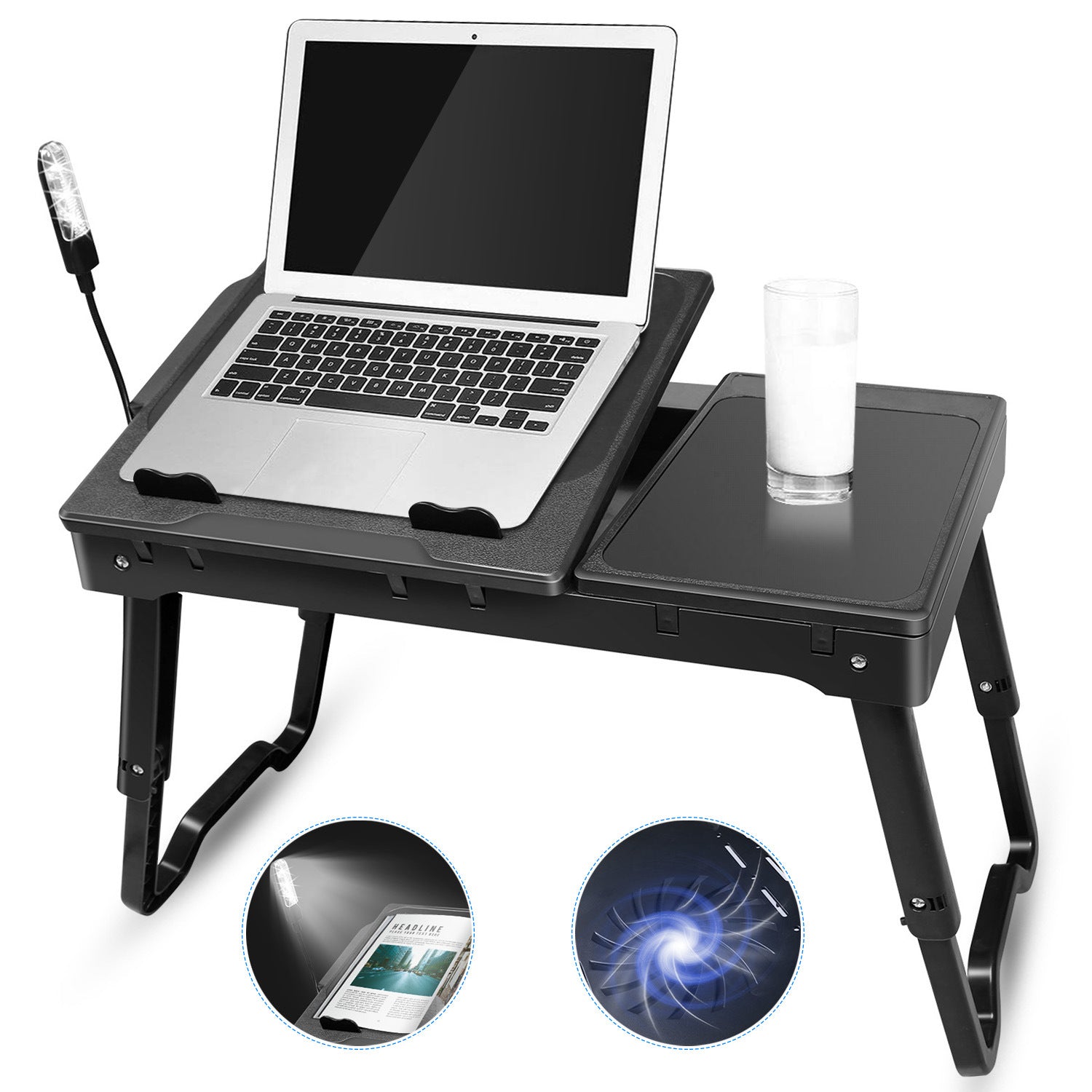 Foldable Laptop Table Bed Notebook Desk with Cooling Fan Mouse Board LED light 4 xUSB Ports Breakfast Snacking Tray - Mountain Lakes Mall