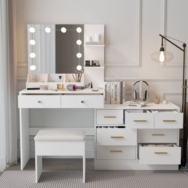 Large Makeup Vanity with Lights, Vanity Table with Charging Station, Vanity Desk with Mirror and 10 LED Light Bulbs, Makeup Table with Tabletop Compartments, Drawers and Storage Shelves, White