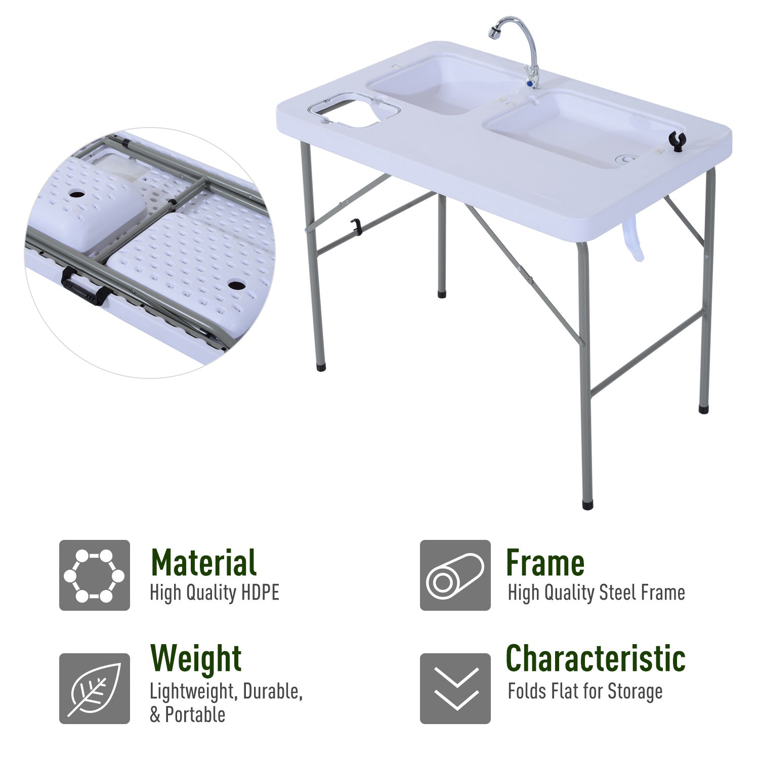 Outsunny Folding Camping Table with Faucet and Dual Water Basins, Outdoor Fish Table Sink Station, for Picnic, Fishing, 40'' - Mountain Lakes Mall