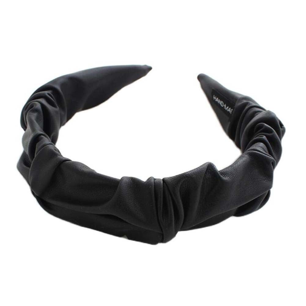 Black PU Leather Pleated Wide Headband Womens Simple Hairband Hair Accessories - Mountain Lakes Mall