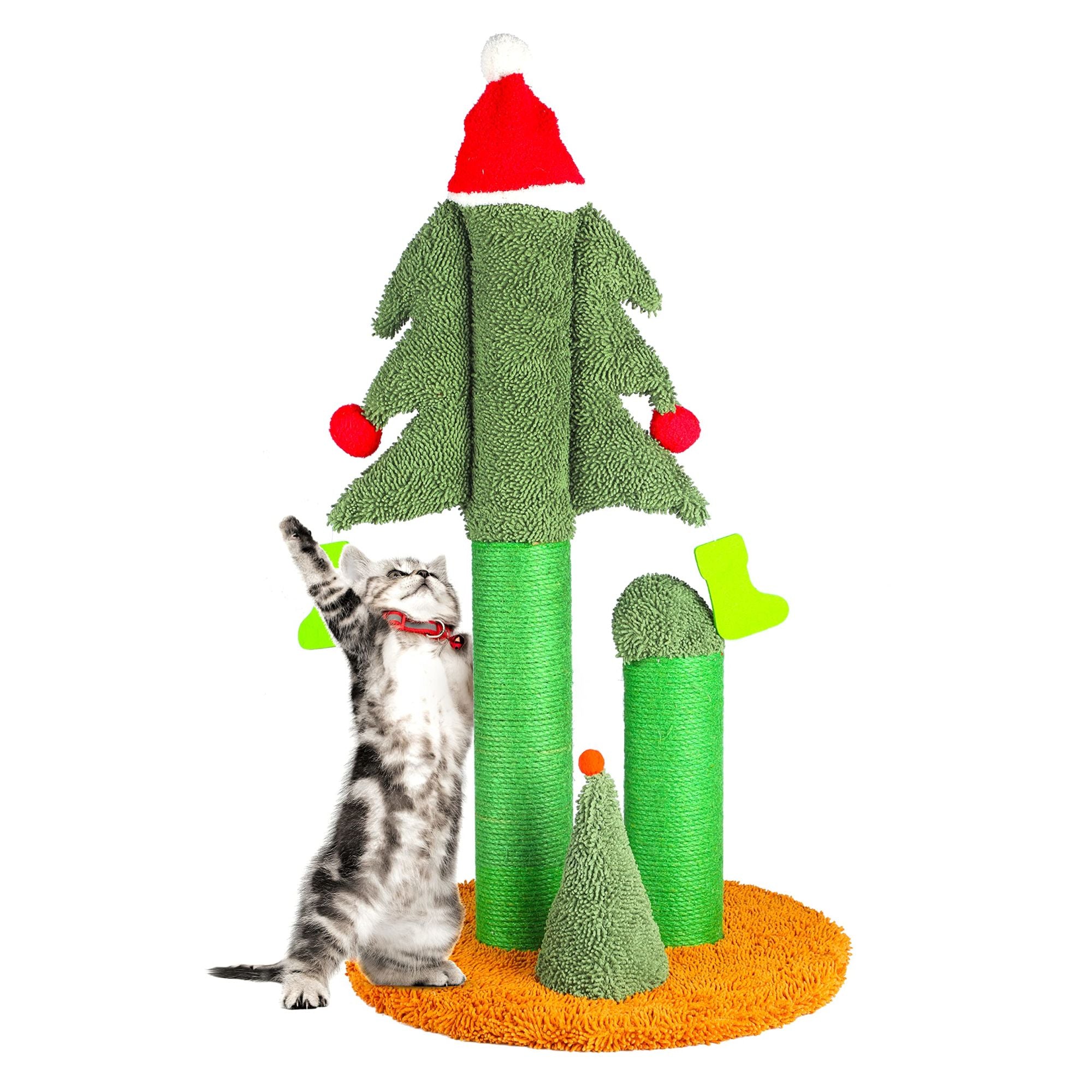 32'' Cat Scratching Post, Tall Christmas Tree Cat Scratcher with 3 Posts and Cute Dangling Teaser Balls, Natural Sisal Rope Cat Toys for Kitty and Adult Cats - Mountain Lakes Mall