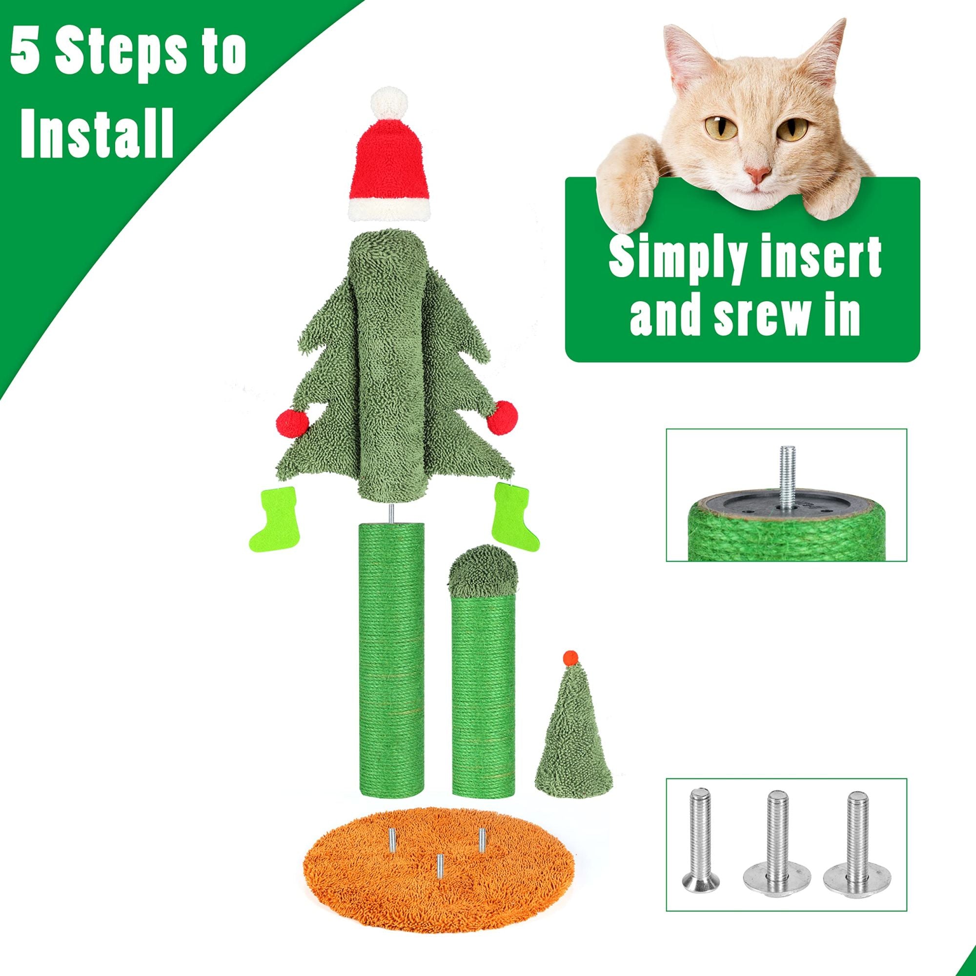 32'' Cat Scratching Post, Tall Christmas Tree Cat Scratcher with 3 Posts and Cute Dangling Teaser Balls, Natural Sisal Rope Cat Toys for Kitty and Adult Cats - Mountain Lakes Mall