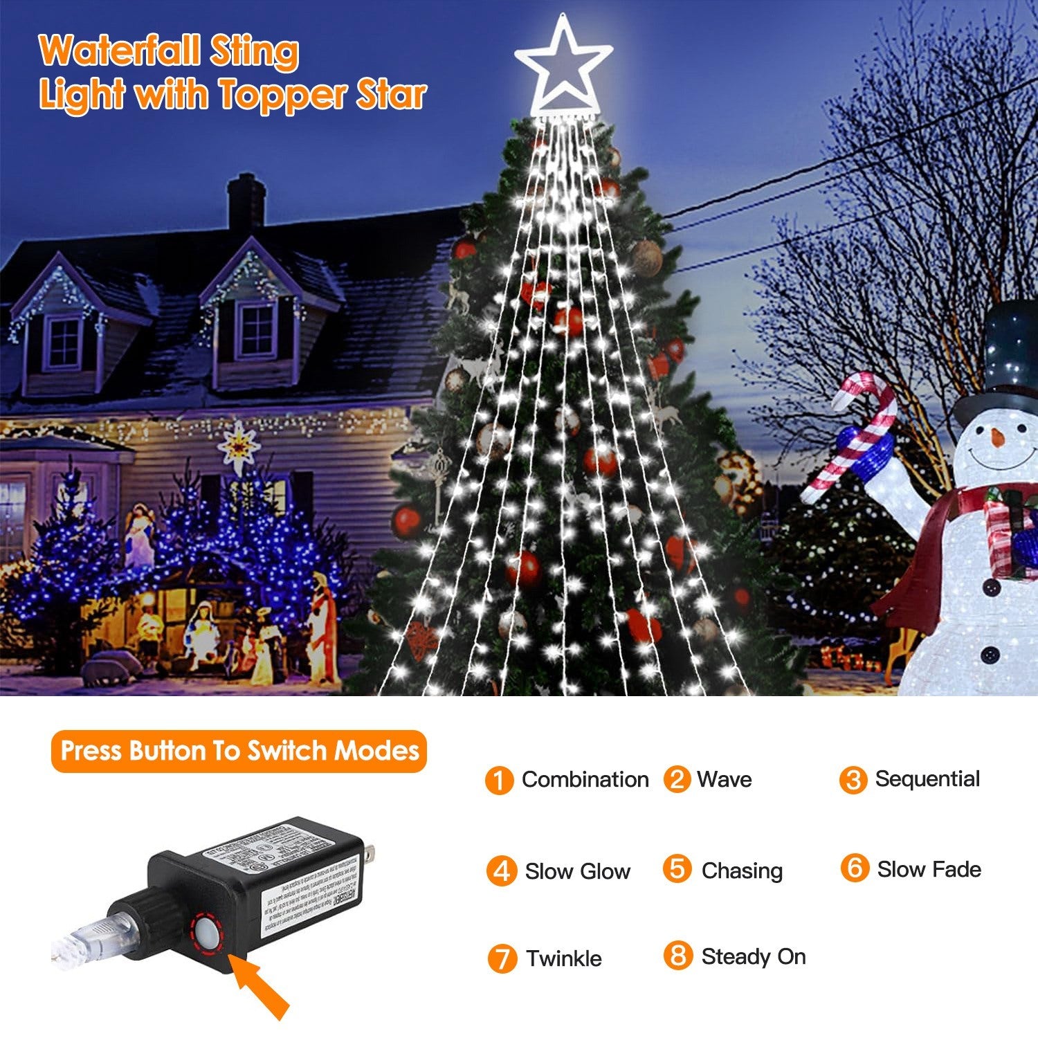 Christmas Hanging Waterfall String Light with Topper Star IP65 Waterproof Outdoor Plug In Fairy Waterfall Tree Light with 8 Lighting Modes Timer Memory Function