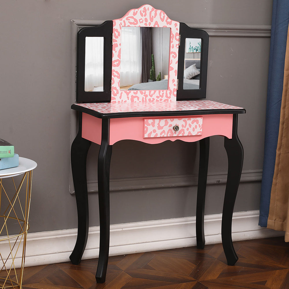 Kids Gisele Leopard Print Wooden Vanity Set with Tri-Fold Mirror Table and Chair, Pink/Black, - Mountain Lakes Mall