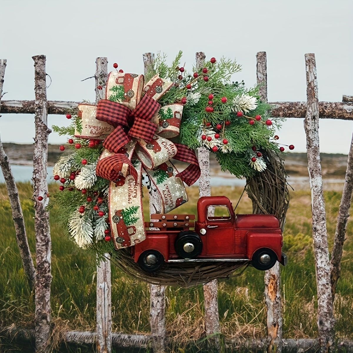 1pc, Christmas Wreath Red Truck Decoration, Large Door Front Wreath, Door Hanging, Christmas Decorations, Home Decoration Wreath, Christmas Decor Supplies, Holiday Decor - Mountain Lakes Mall