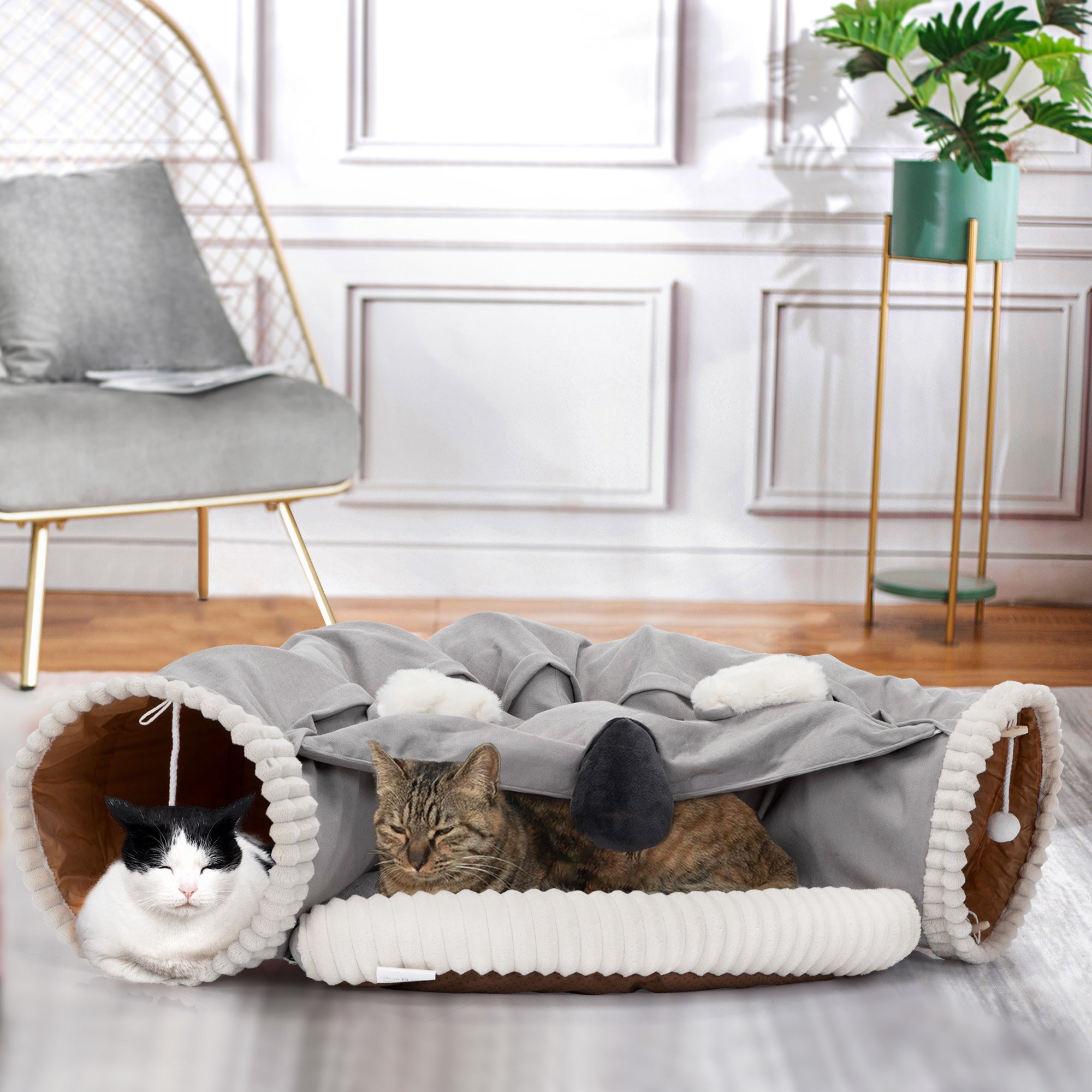 Collapsible Cat Tunnel Bed;  Hide Tunnel for Indoor Cats with Hanging Toys and Cushion Mat;  XH - Mountain Lakes Mall