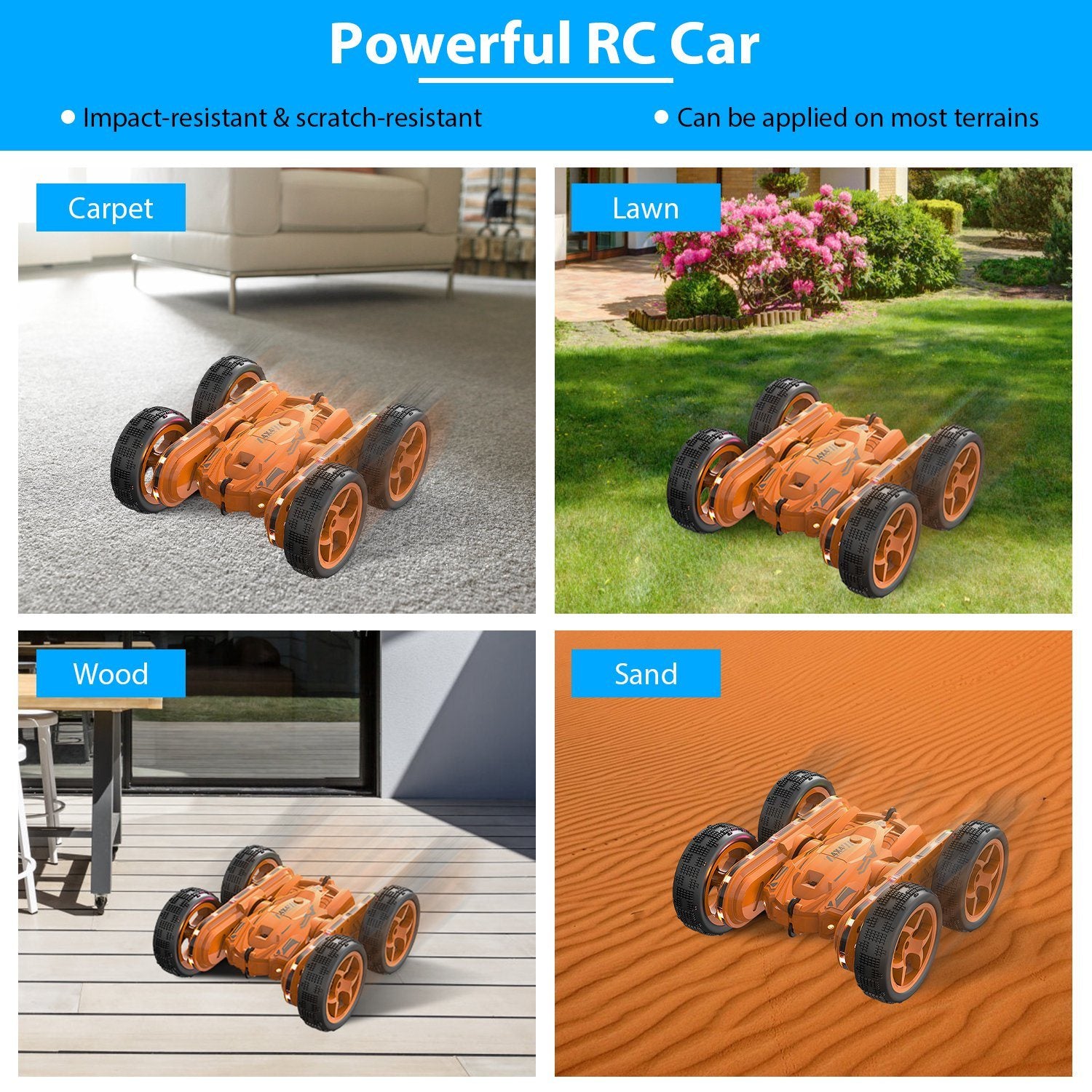 Kid Driving RC Stunt Car 7 Color Strip Light Dynamic Music Swing Arm Double-sided Rolling Remote Control Car Off Road - Mountain Lakes Mall