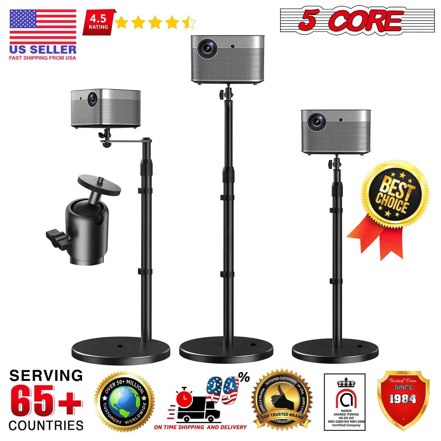 Projector Stand Height adjustable 28"-52" Tall Floor Stands w 3 Mounting Options 360° Rotatable Ball Head Heavy Duty Multipurpose Soporte Para Proyector for Home Office 5 Core PS FLR RB BLK - Mountain Lakes Mall