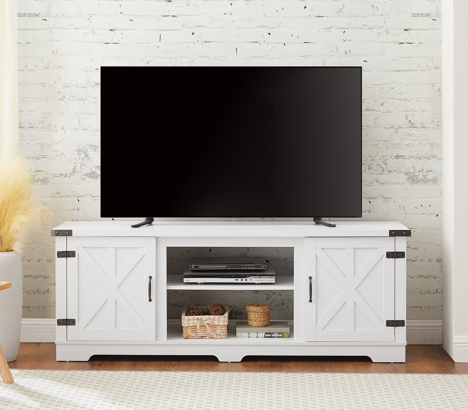 Modern Farmhouse TV Media Stand, Large Barn Inspired Home Entertainment Console, for TV Up to 70'', with Open Shelves and Closed Cabinets, White, 64.8"W*15.67"D*24.29"H - Mountain Lakes Mall