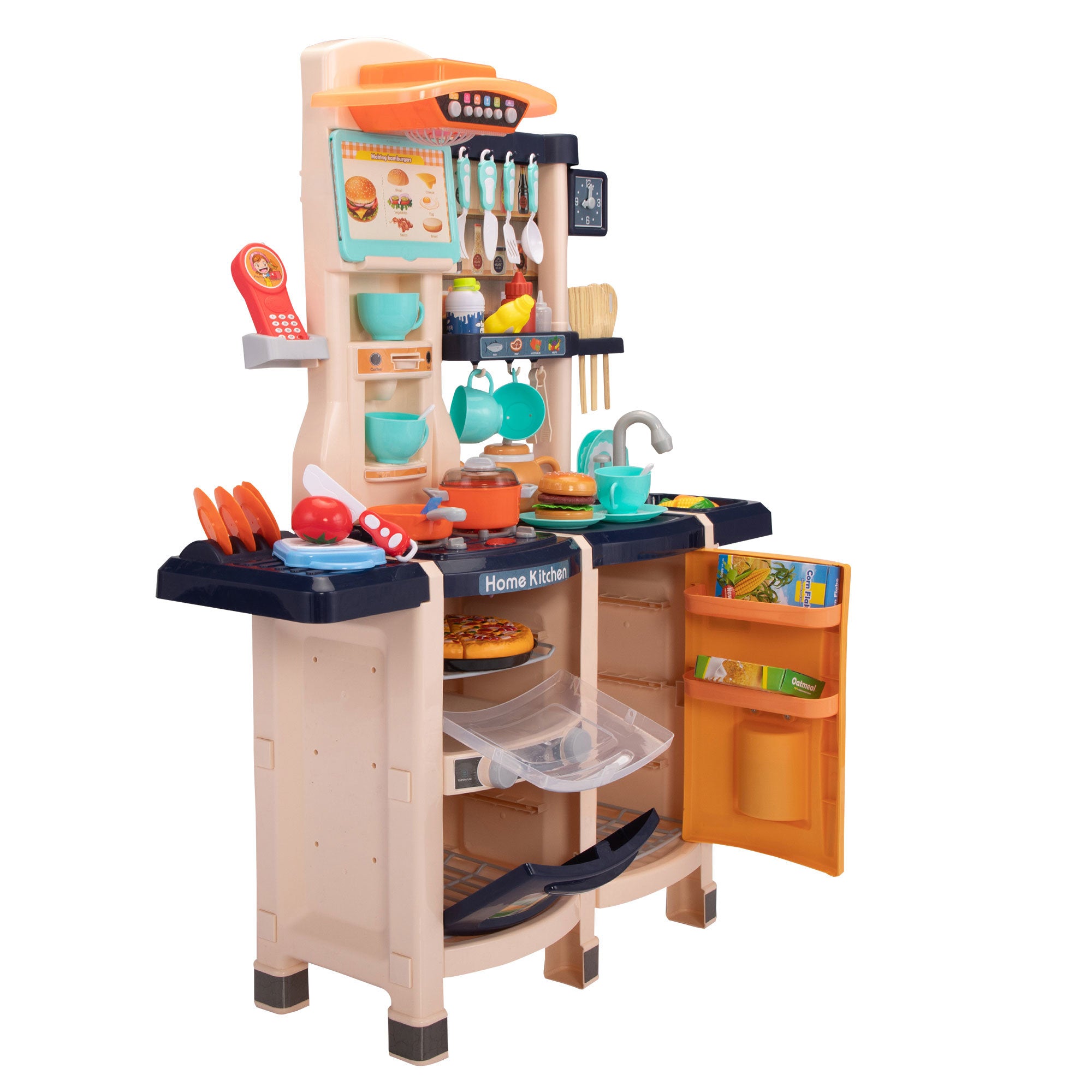 Large Pretend Play Kitchen Set Kids Cooking Playset with Realistic Lights;  Vivid Sounds;  Play Phone;  Clock and 65 Pcs Accessories;  3 +;  Blue XH - Mountain Lakes Mall