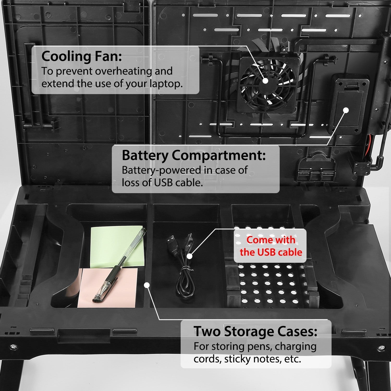 Foldable Laptop Table Bed Notebook Desk with Cooling Fan Mouse Board LED light 4 xUSB Ports Breakfast Snacking Tray - Mountain Lakes Mall