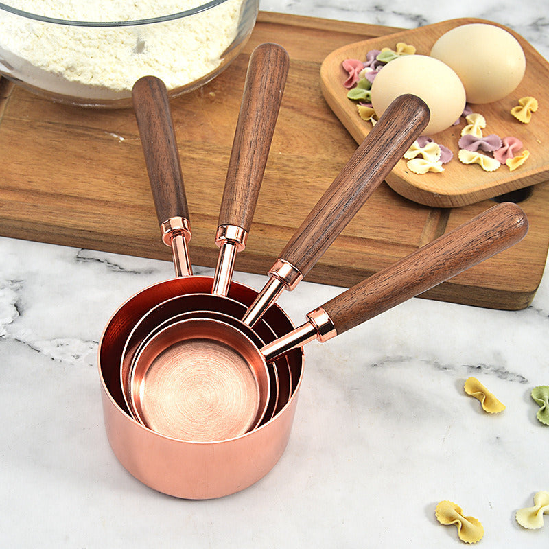 Rose Gold Measuring Cups and Spoons Set, Copper Pink Stainless Steel Cup and Spoon with Wooden Handle, Coffee Cake Milk Baking Measuring Cup - Mountain Lakes Mall