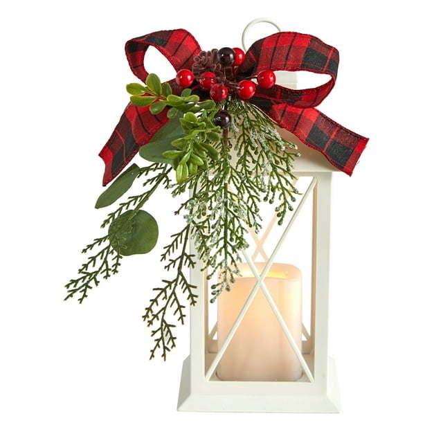 Nearly Natural 12" Holiday Lantern with Berries, Pine Artificial Christmas Arrangement, Green - Mountain Lakes Mall