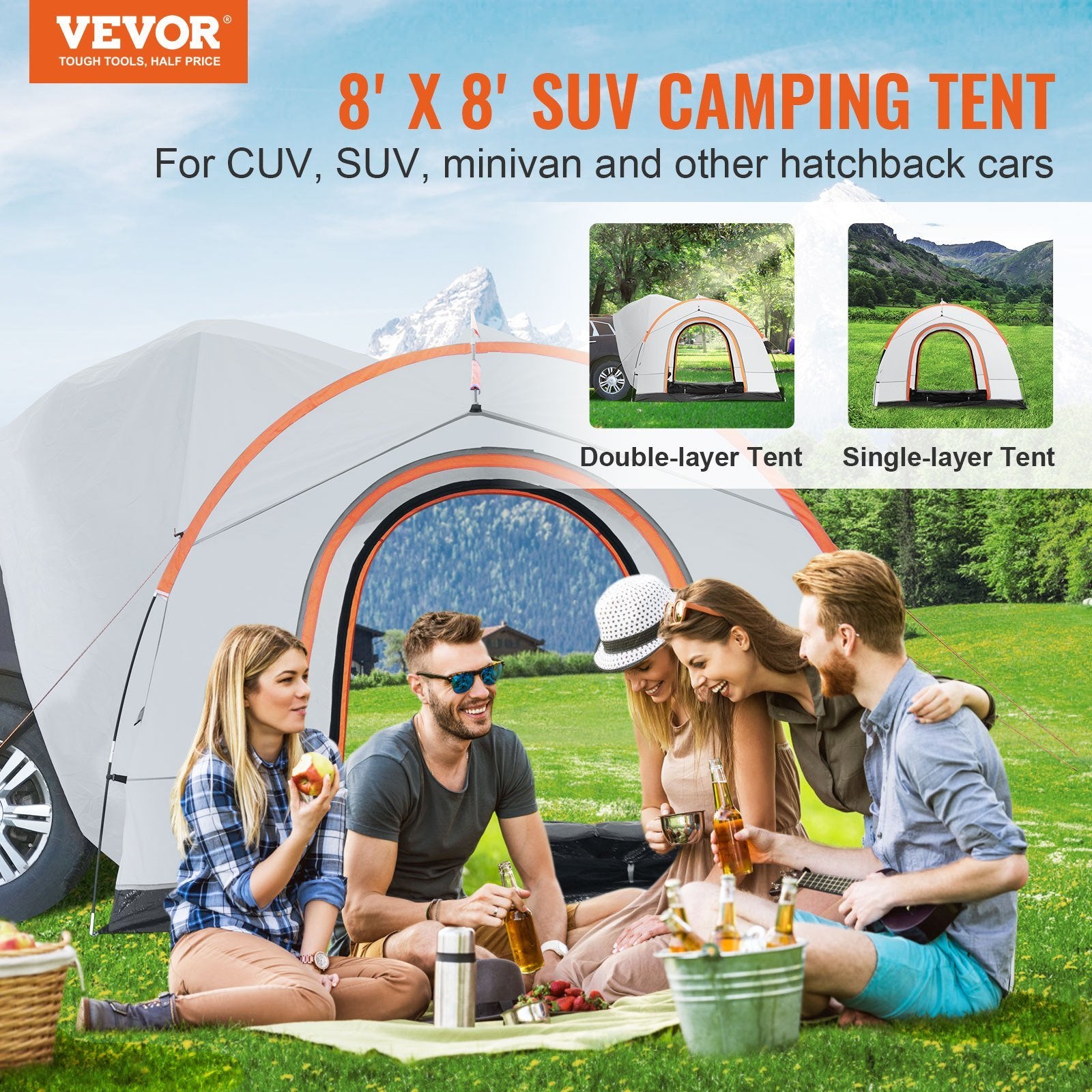 VEVOR SUV Camping Tent, 8'-8' SUV Tent Attachment for Camping with Rain Layer and Carry Bag - Mountain Lakes Mall