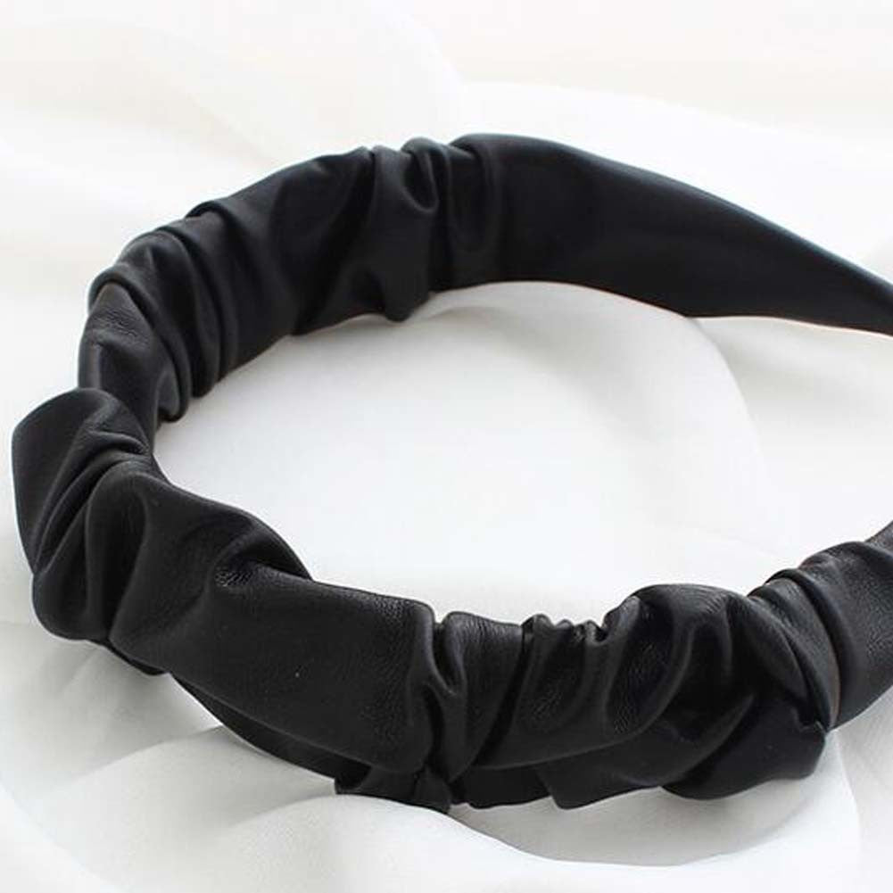 Black PU Leather Pleated Wide Headband Womens Simple Hairband Hair Accessories - Mountain Lakes Mall