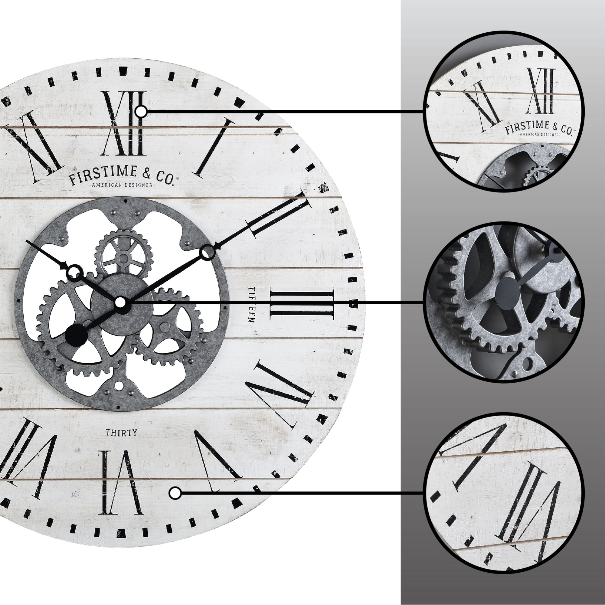 FirsTime & Co. White Shiplap Gears Wall Clock, Farmhouse, Analog, 27 x 2 x 27 in - Mountain Lakes Mall