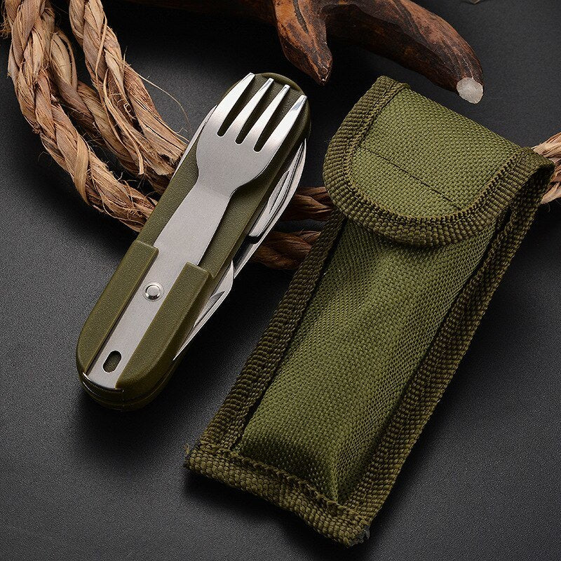 7 In 1 Multifunctional Outdoor Tableware Stainless Steel Foldable Fork Spoon Knife Picnic Camping Hiking Travelling Dinnerware - Mountain Lakes Mall