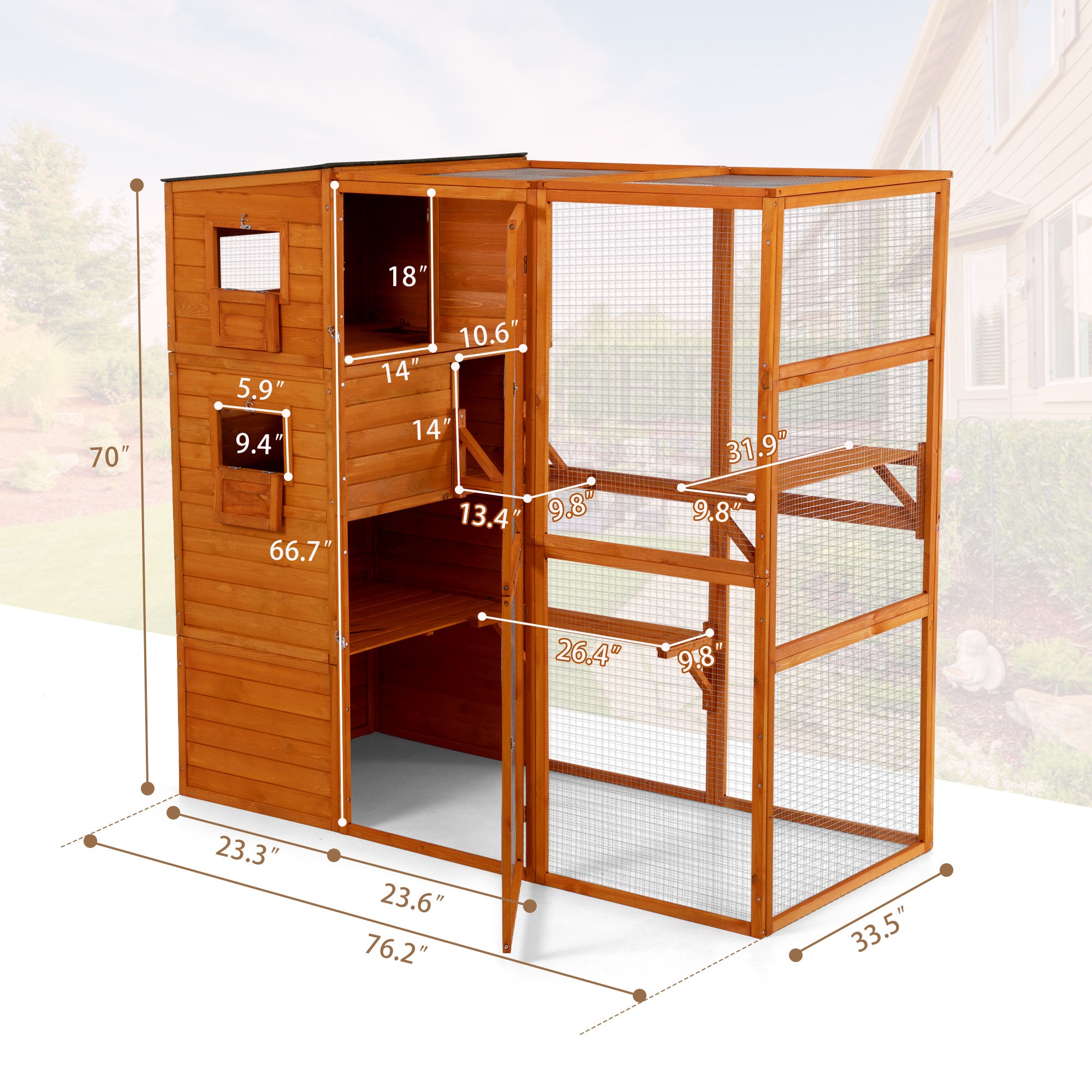 Large Wooden Cat Enclosure with Waterproof Roof and Platforms, Orange - Mountain Lakes Mall