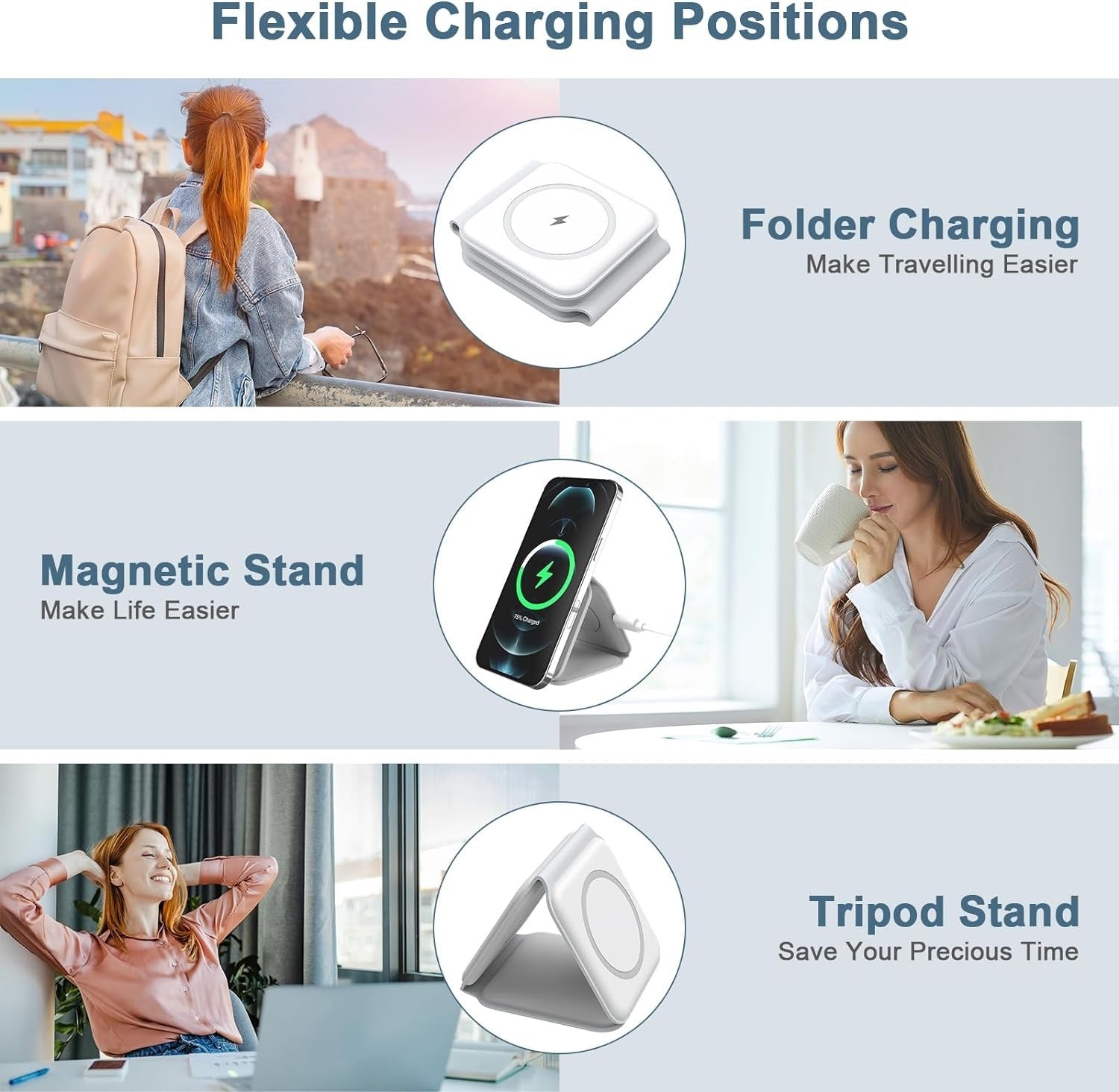 3 in-1 Wireless Charging Pad Magnetic Foldable Charger Station Fast Travel Charger for Multiple Devices Adapt with Phone, Watch Series, Pods 3/2(Adapter not Included) - Mountain Lakes Mall